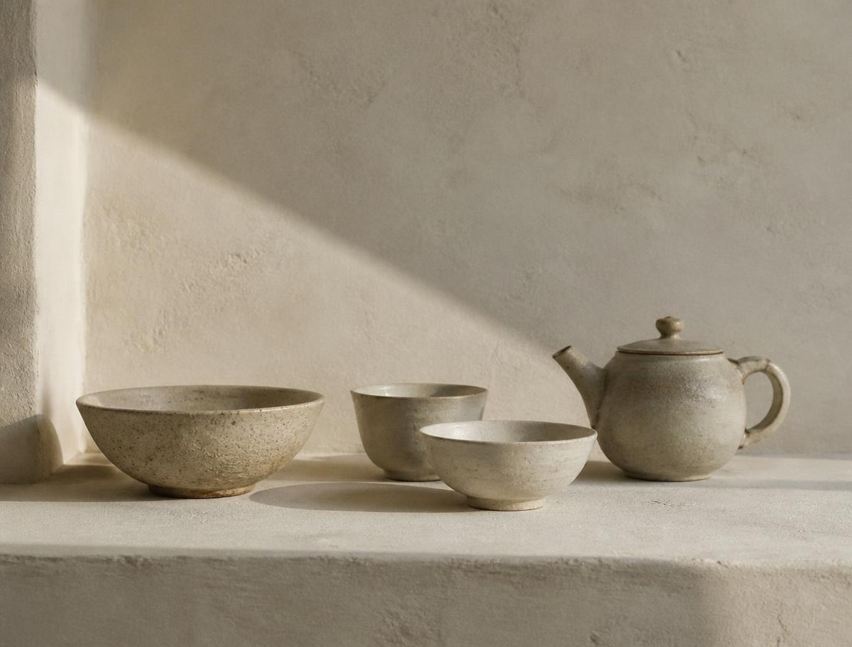 Ceramic bowls and a small teapot on a pale plaster shelf